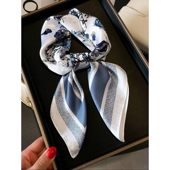 ✨Soft Versatile Elegant Women Square Floral Silky Scarf Butterflies Blue White✨ - Picture 3 of 4